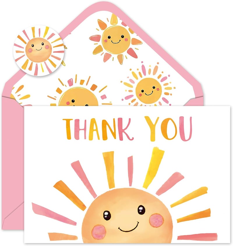 Whaline 24 Pack Sunshine Thank You Cards Pink Orange Cartoon Sun Note Card with Envelopes Stickers Cute Greeting Blank Card for Birthday Baby Shower - Image 1