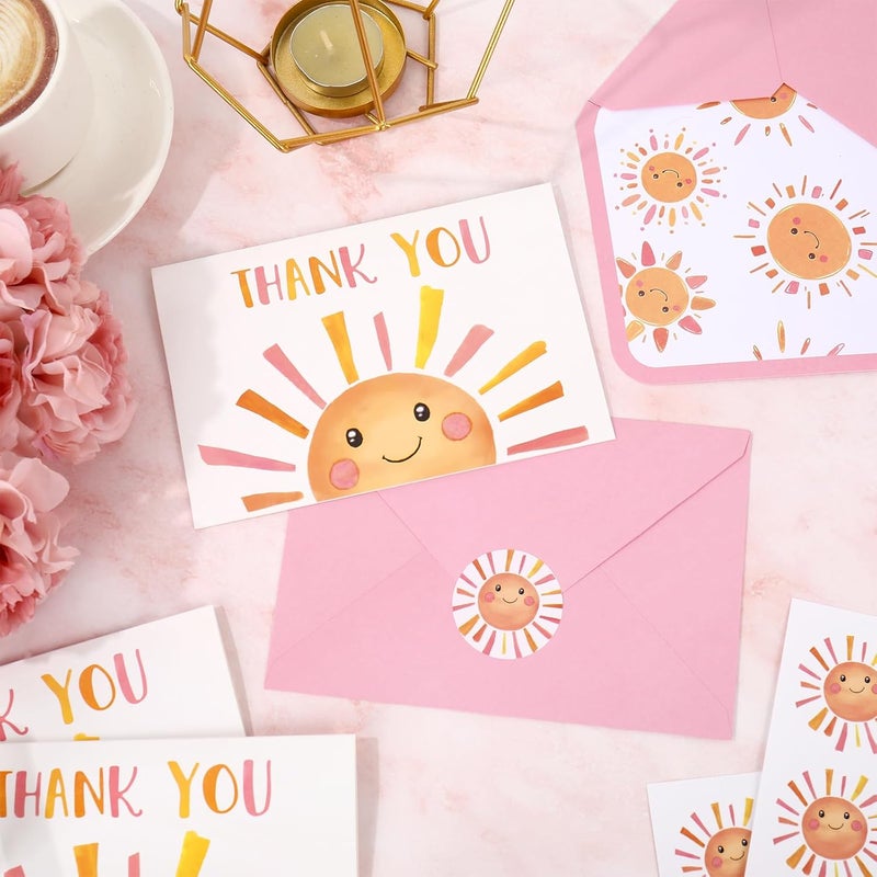 Whaline 24 Pack Sunshine Thank You Cards Pink Orange Cartoon Sun Note Card with Envelopes Stickers Cute Greeting Blank Card for Birthday Baby Shower - Image 3