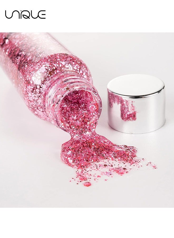 Unique Body Glitter Gel, 2 Pcs Glitter Sequins Chunky Glitter Liquid Eyeshadow Long Lasting Glitter Shimmer Chunky Sequins Glitters for Hair Makeup Festival Party Carnival(Blue+Pink)  - Image 2