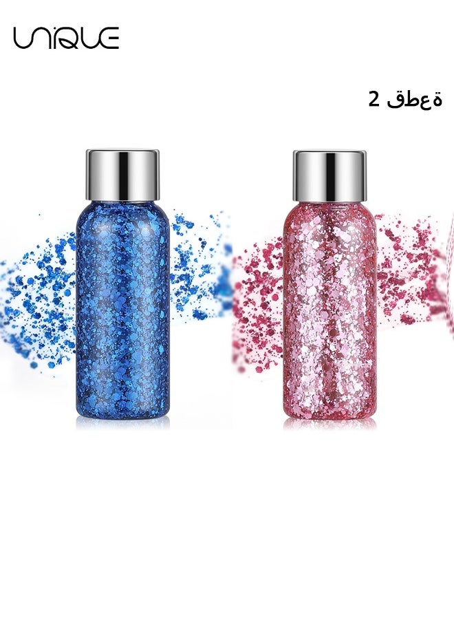 Unique Body Glitter Gel, 2 Pcs Glitter Sequins Chunky Glitter Liquid Eyeshadow Long Lasting Glitter Shimmer Chunky Sequins Glitters for Hair Makeup Festival Party Carnival(Blue+Pink)  - Image 1