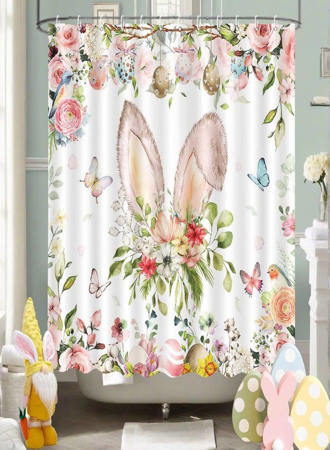 MEHOFOND Funny Easter Rabbit Shower Curtain Happy Easter Shower Curtain for Bathroom Cute Bunny Ears Watercolor Spring Flowers Colorful Eggs Birds Bathroom Decor Washable Durable Fabric 72"x72" - Image 1
