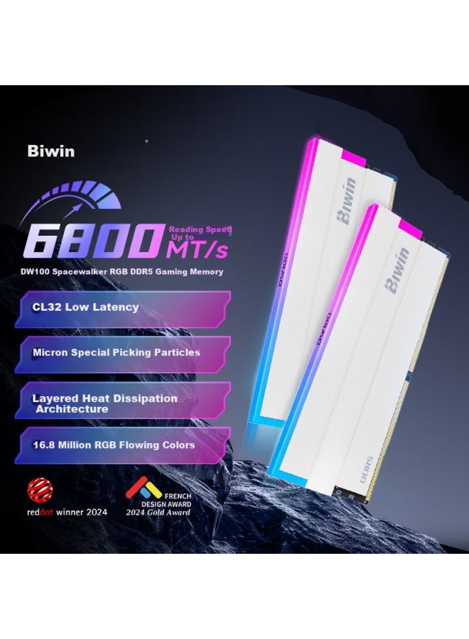 Biwin 32g Kit Ddr5 6800mhz Desktop Memory Module Time Traveler Dw100 Rgb Light Bar White Ai Pc Computer Accessories