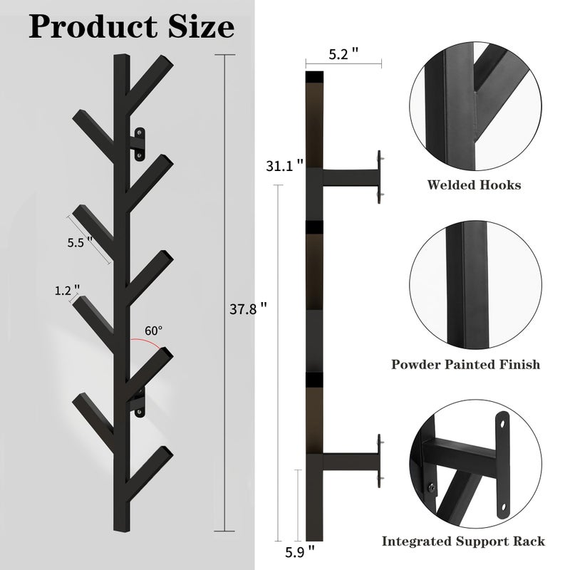 Vlush Wall Mounted Metal Coat Rack with 9 Hooks Modern Minimalist & Upright Coat Rack for Hanging Clothes, Hats, Hanging Bags and Scarves Entrance Wall Iron Coat Racks (Black) - Image 3