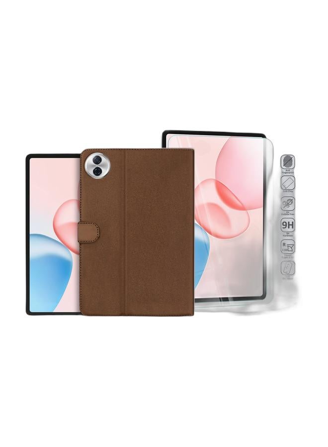Wtech Honor Pad 10 5G 2025 (12.1 inches) PU Leather Magnetic Closure Flip Case Cover (TCFPSR) - Dark Brown & Honor Pad 10 5G 2025 (12.1 inches) WTech Premium Series Curved Edges Full Cover Tempered Glass Tablet Screen Protector (TSGPCN) - Clear Bundle - Image 1