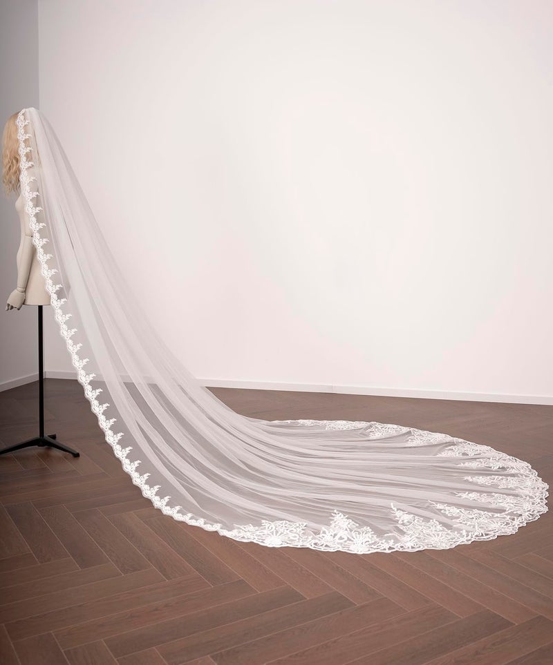 AiberLisha Royal Length 3.5M Lace Edge Wedding Bridal Veil with Metal Comb Ivory - Image 3