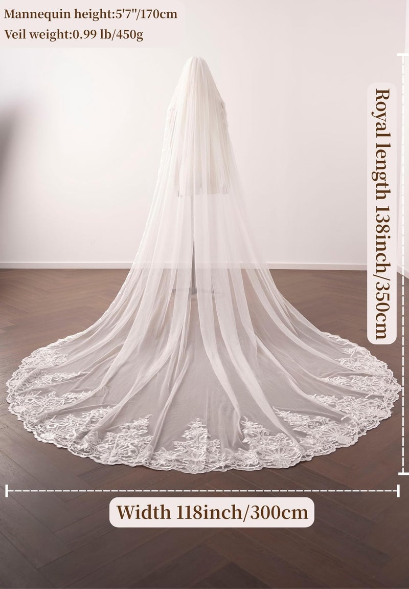 AiberLisha Royal Length 3.5M Lace Edge Wedding Bridal Veil with Metal Comb Ivory - Image 2