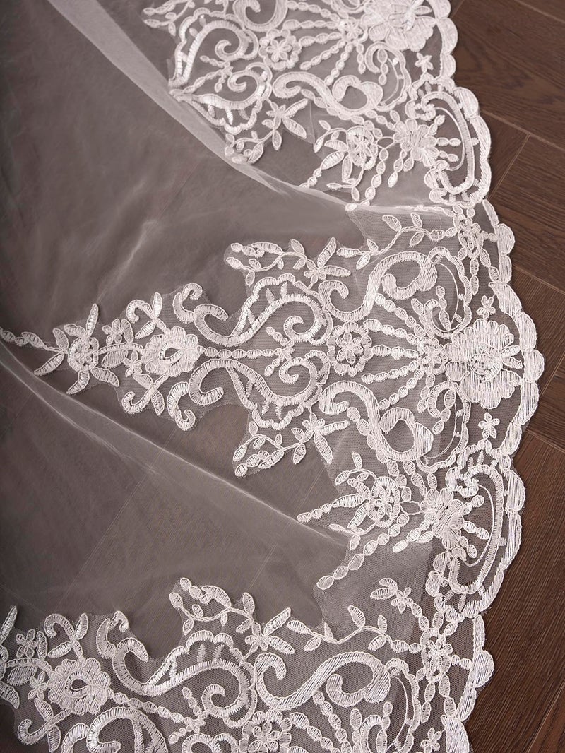 AiberLisha Royal Length 3.5M Lace Edge Wedding Bridal Veil with Metal Comb Ivory - Image 4