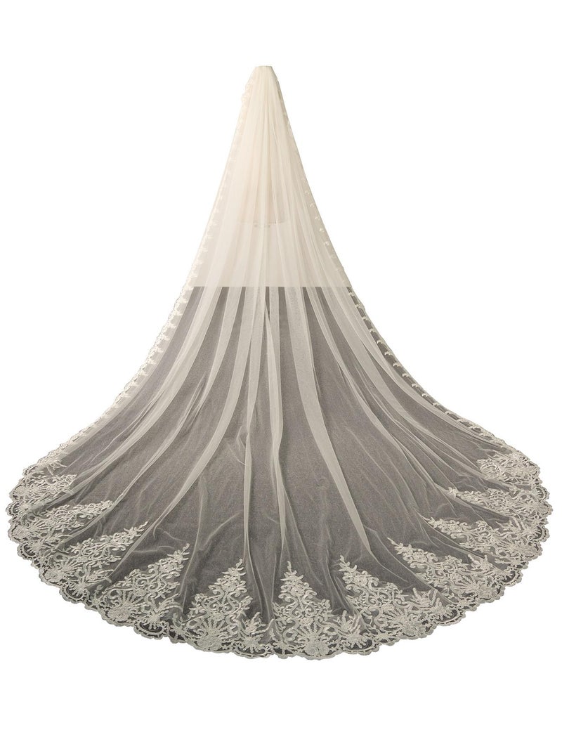 AiberLisha Royal Length 3.5M Lace Edge Wedding Bridal Veil with Metal Comb Ivory - Image 1