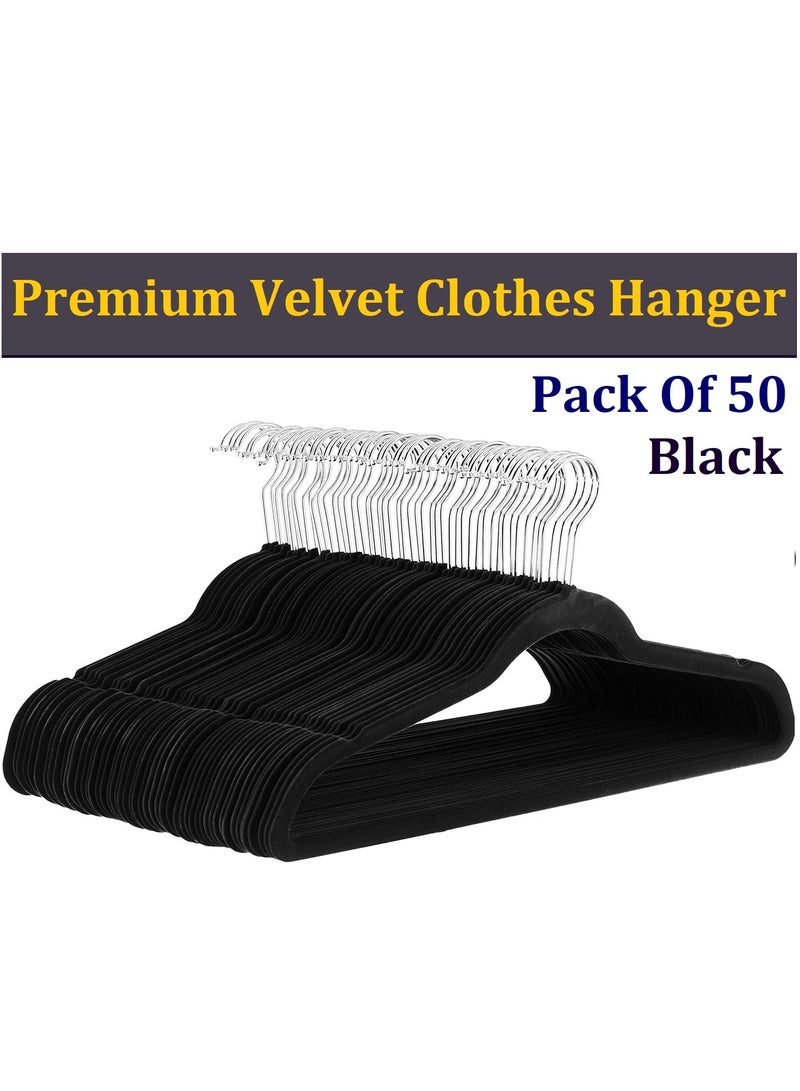 Premium Quality Velvet Clothes Hanger With Slim Non Slip Suit Clothes Hangers Black Silver Pack of 50 - Image 1