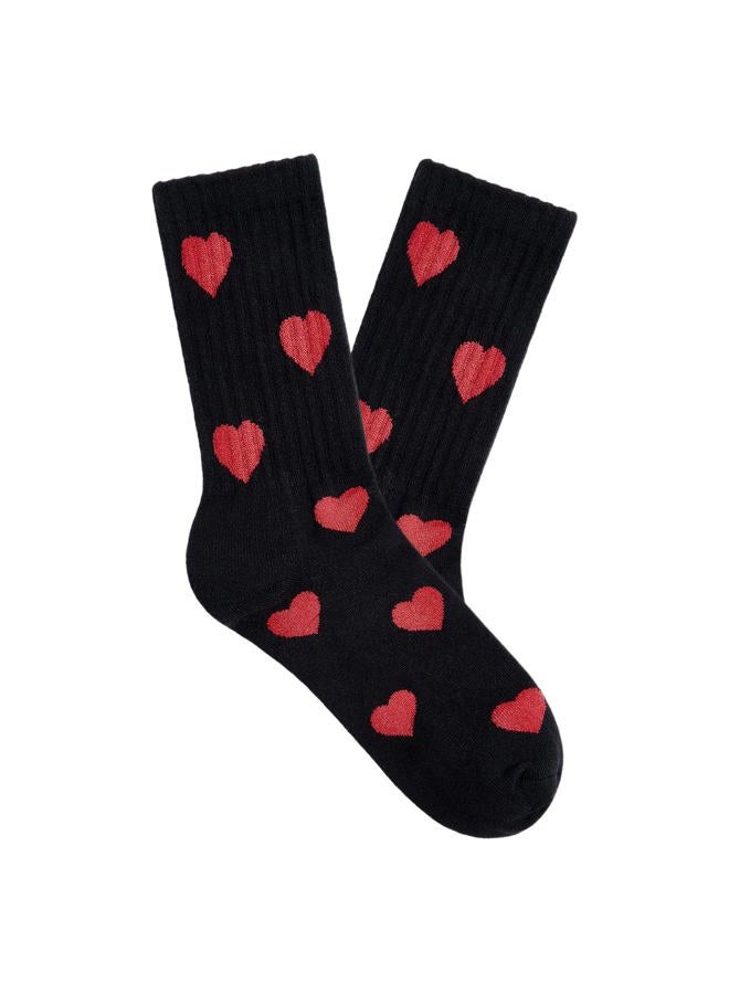American Trends Womens Crew Socks Striped Athletic Socks Vintage Slouch Solid Color Mid Calf Tube Socks, Heart Black, One size - Image 1
