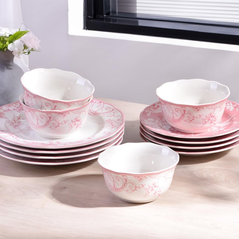 222 Fifth Adelaide Blush 12-Piece Pink Porcelain Dinnerware Set â€“ Service for 4, Plate & Bowl Set, White with Pink Floral Pattern, for Daily Dining & Entertainment, Microwave & Dishwasher Safe - Image 2