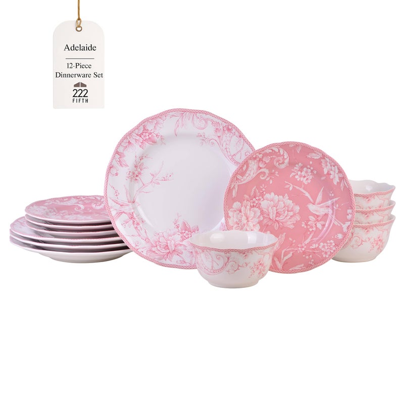 222 Fifth Adelaide Blush 12-Piece Pink Porcelain Dinnerware Set â€“ Service for 4, Plate & Bowl Set, White with Pink Floral Pattern, for Daily Dining & Entertainment, Microwave & Dishwasher Safe - Image 1