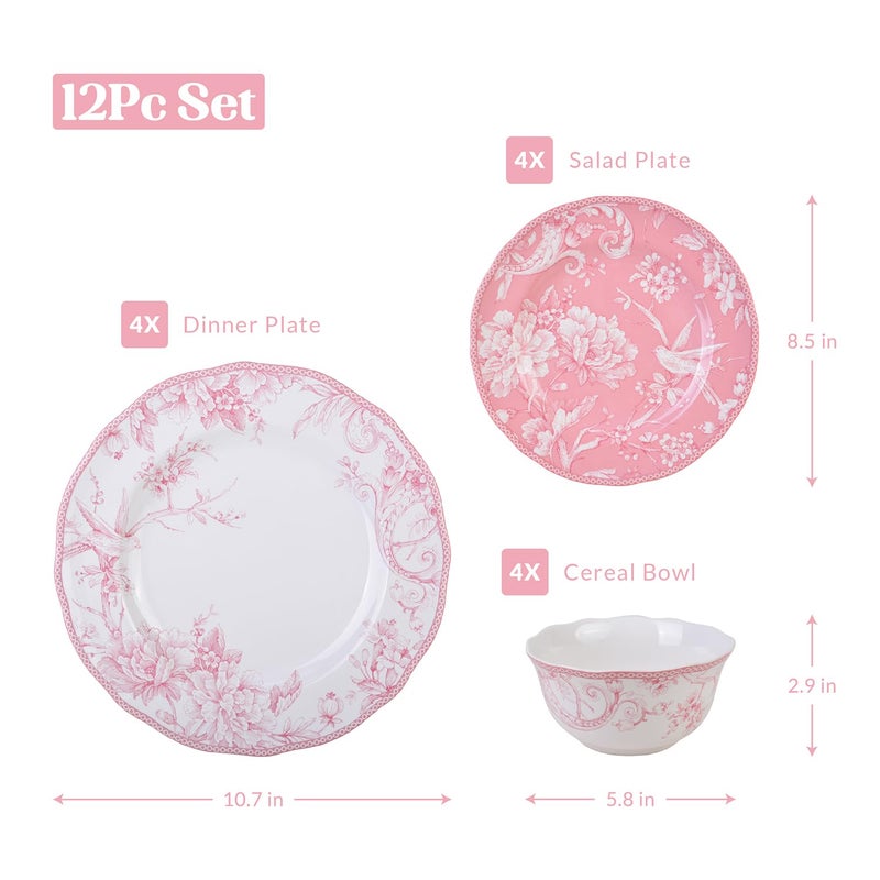 222 Fifth Adelaide Blush 12-Piece Pink Porcelain Dinnerware Set â€“ Service for 4, Plate & Bowl Set, White with Pink Floral Pattern, for Daily Dining & Entertainment, Microwave & Dishwasher Safe - Image 3