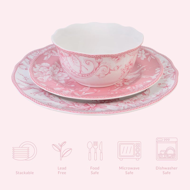 222 Fifth Adelaide Blush 12-Piece Pink Porcelain Dinnerware Set â€“ Service for 4, Plate & Bowl Set, White with Pink Floral Pattern, for Daily Dining & Entertainment, Microwave & Dishwasher Safe - Image 4