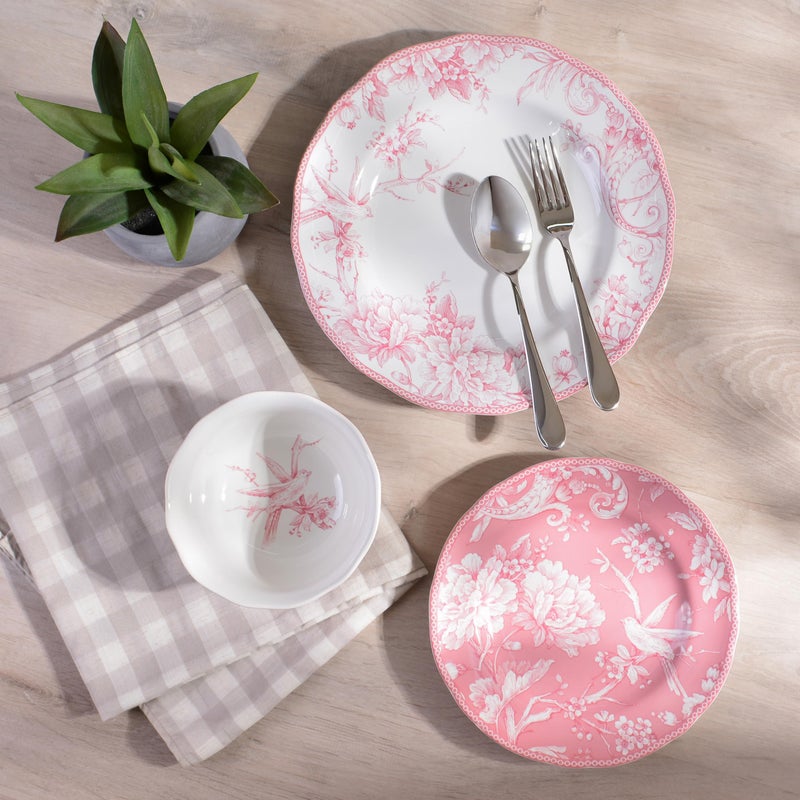 222 Fifth Adelaide Blush 12-Piece Pink Porcelain Dinnerware Set â€“ Service for 4, Plate & Bowl Set, White with Pink Floral Pattern, for Daily Dining & Entertainment, Microwave & Dishwasher Safe - Image 5