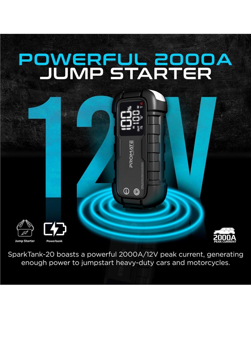 PROMATE بروميت، شاحن متنقل للسيارة شديد التحمل بقوة 2000 أمبير/12 فولت مع باور بانك بقدرة 20000 مللي أمبير في الساعة وتوصيل طاقة بقدرة 45 واط - Image 2