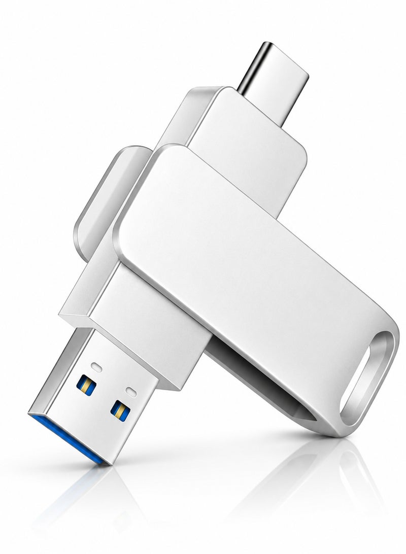 AFQIX 2 in 1 USB Flash Drive 128GB, USB-A and Type-C OTG Dual Drive, High-Speed Memory Stick with Keyhole for Photo Backup, File Transfer, Smartphones, Tablets, MacBook, Laptop, PC and Car Audio(Silver) - Image 1