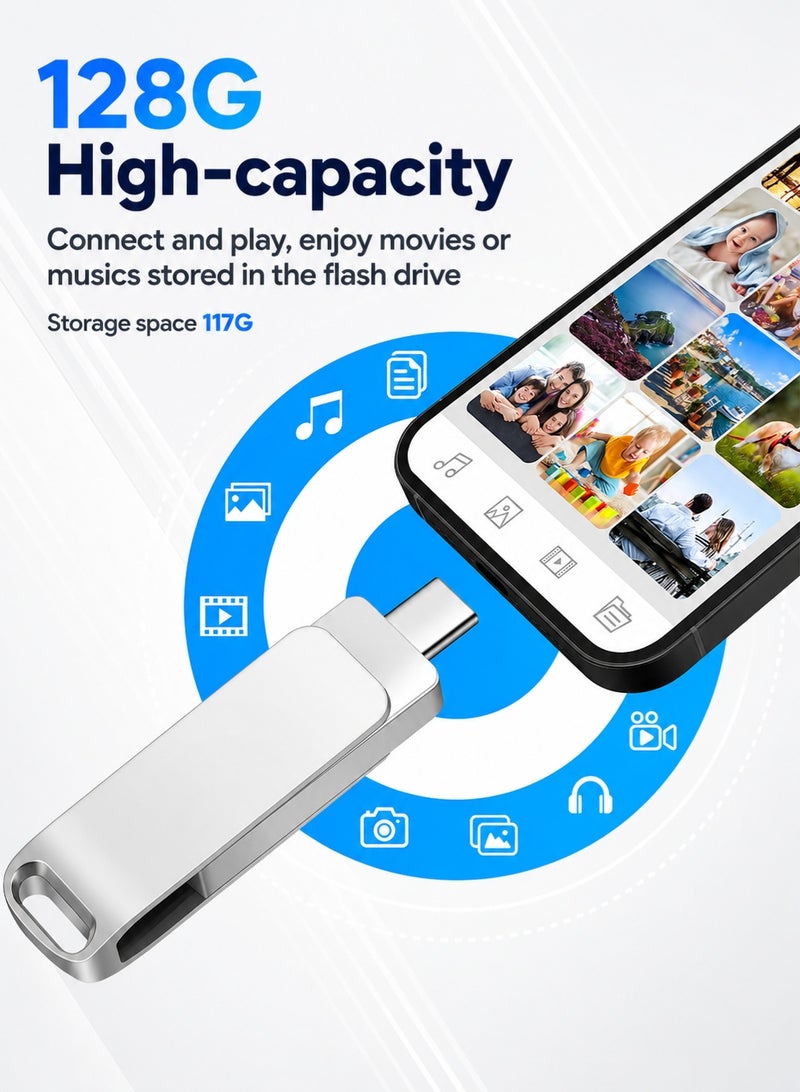 AFQIX 2 in 1 USB Flash Drive 128GB, USB-A and Type-C OTG Dual Drive, High-Speed Memory Stick with Keyhole for Photo Backup, File Transfer, Smartphones, Tablets, MacBook, Laptop, PC and Car Audio(Silver) - Image 4