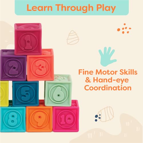B. Toys ب. ألعاب - كتل الأطفال - ألعاب التكديس والبناء للأطفال - 10 كتل ناعمة مع أرقام وأشكال وحيوانات - تعليمية وتنموية - 6+ أشهر - واحد اثنان ضغط - Image 4