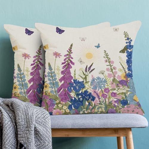 AEIOAE Spring Pillow Covers 18x18 Inch Set of 2 Navy Blue Sage Green Pink Wild Flower Throw Pillows CaseSeasonal Floral Plant Outdoor Decorative Farmhouse Decor Cushion Covers for Sofa Bed Couch - Image 3