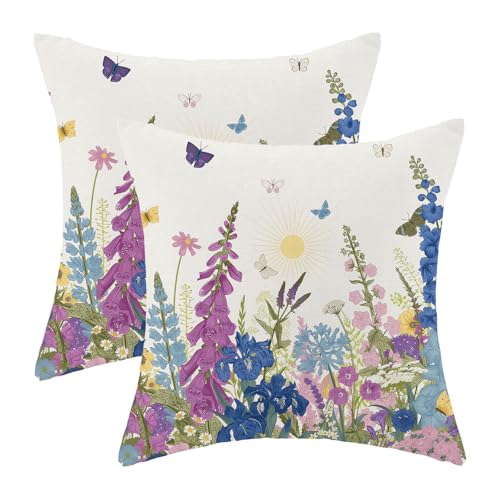 AEIOAE Spring Pillow Covers 18x18 Inch Set of 2 Navy Blue Sage Green Pink Wild Flower Throw Pillows CaseSeasonal Floral Plant Outdoor Decorative Farmhouse Decor Cushion Covers for Sofa Bed Couch - Image 1