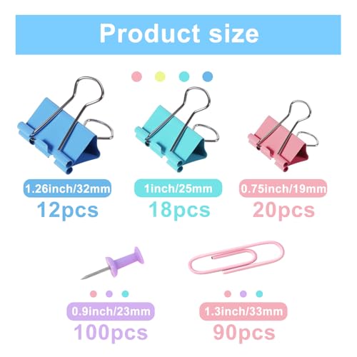 lyBlissor Paper Clips and Binder Clips Assorted Sizes, 240 PCS Colored Office Clips Set Large Medium Small Paper Clamps Paperclips Push Pin Thumb Tacks, College Supplies Home Office Supplies Document Organizing - Image 2