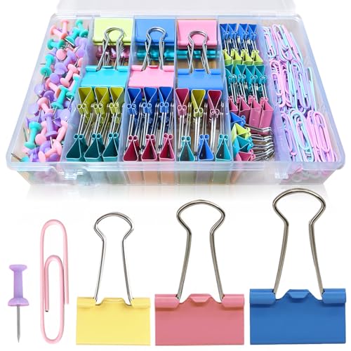 lyBlissor Paper Clips and Binder Clips Assorted Sizes, 240 PCS Colored Office Clips Set Large Medium Small Paper Clamps Paperclips Push Pin Thumb Tacks, College Supplies Home Office Supplies Document Organizing - Image 1
