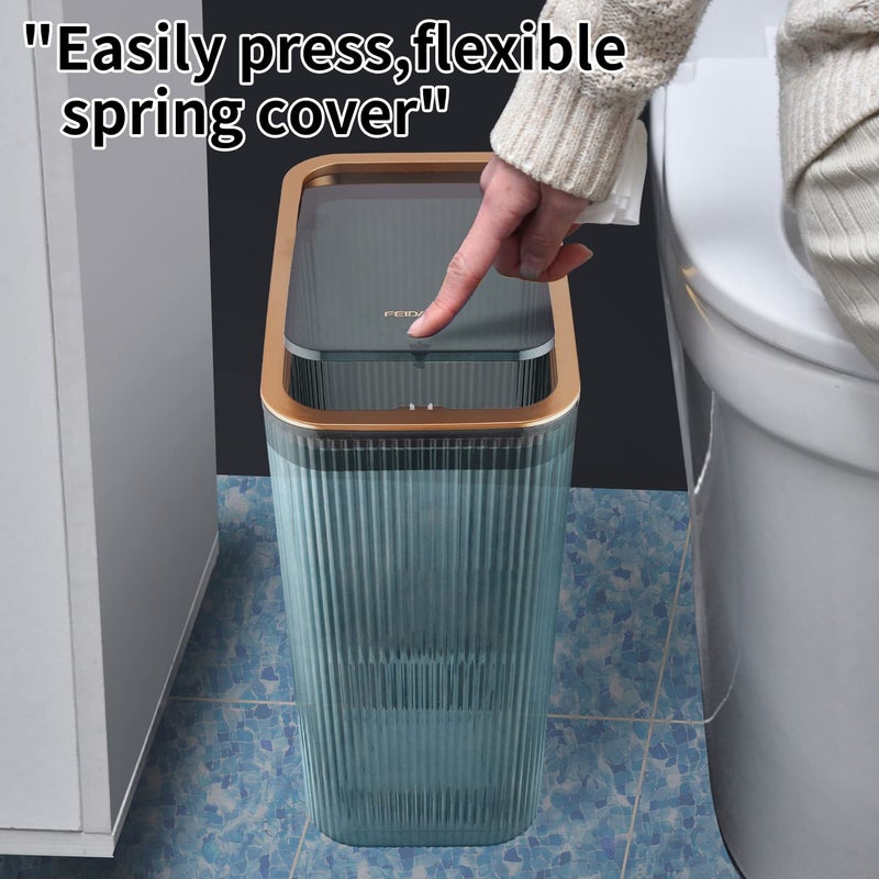Lingerlanden Transparent Trash Can, Bathroom Trash Cans with Lids, 2.6 Gallon Garbage Can for Bedroom, Office, Plastic Slim Waste Basket with Press Top Lid, 10L Clear Trash Bin for Home, Kitchen (Blue) - Image 3
