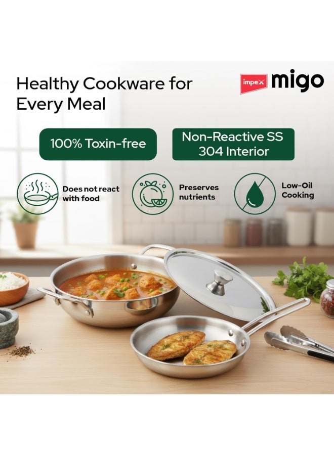 Impex 2 piece Triply Stainless Steel cookware Set for Cooking | 24 cm Triply Kadai with Lid | 22 Cm Fry Pan | ISI Certified Nonstick 3-Layer Body | Fast & Even Heatin| 100% Toxin-Free | 5 Yr Warranty - Image 3