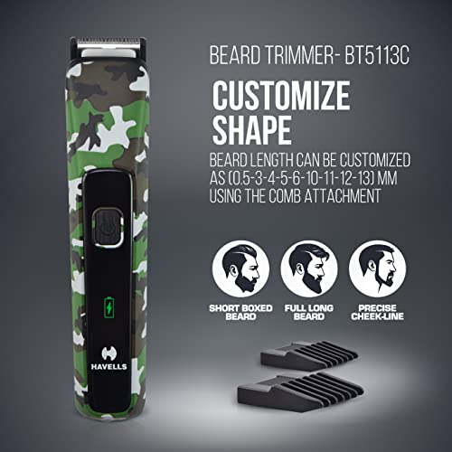 Havells Bt5113 Rechargeable Beard Trimmer,Super Fast Charge,Trimming Lengths Upto 13 Mm For Multiple Styles (Military) (Black&Green),Men - Image 4