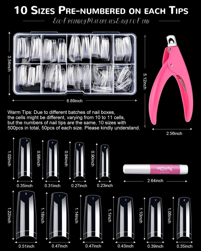 MORGLES Clear Acrylic Nail Tips, 500 Pcs French Nail Tips Square Half Cover with Glue, Clipper, Files and Cuticle Fork for Salons and Home DIY - Image 2