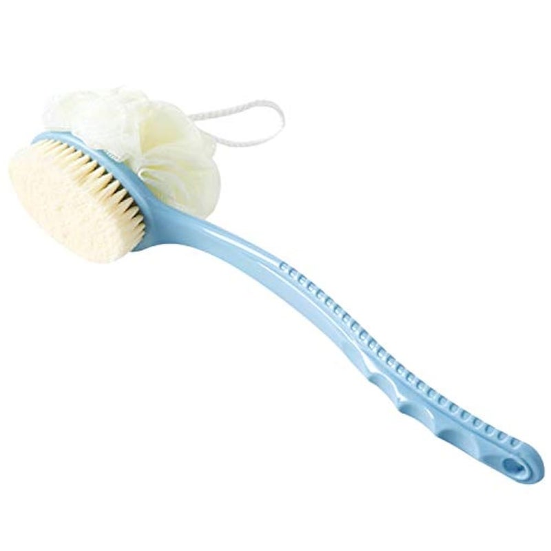 Vtrem 2 in 1 shower brush with soft loofah and bristles bath body brush with curved 36cm long handle back scrubber for wet or dry, men & women body, face and spa washing (blue) - Image 1