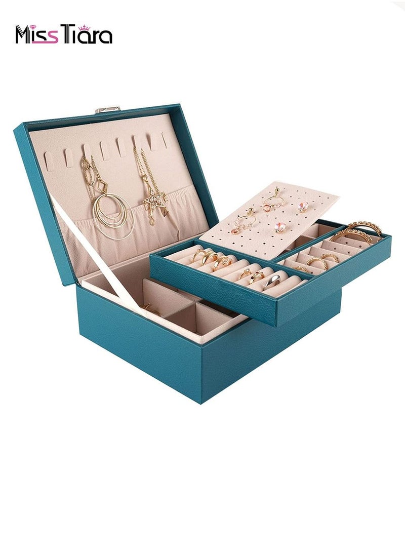 MissTiara - 2 Tier Jewelry Organizer PU Leather Jewelry Set Box with Lockable Velvet Lined Jewelry Storage Box for Jewelry Earrings and Necklace Green - Image 1