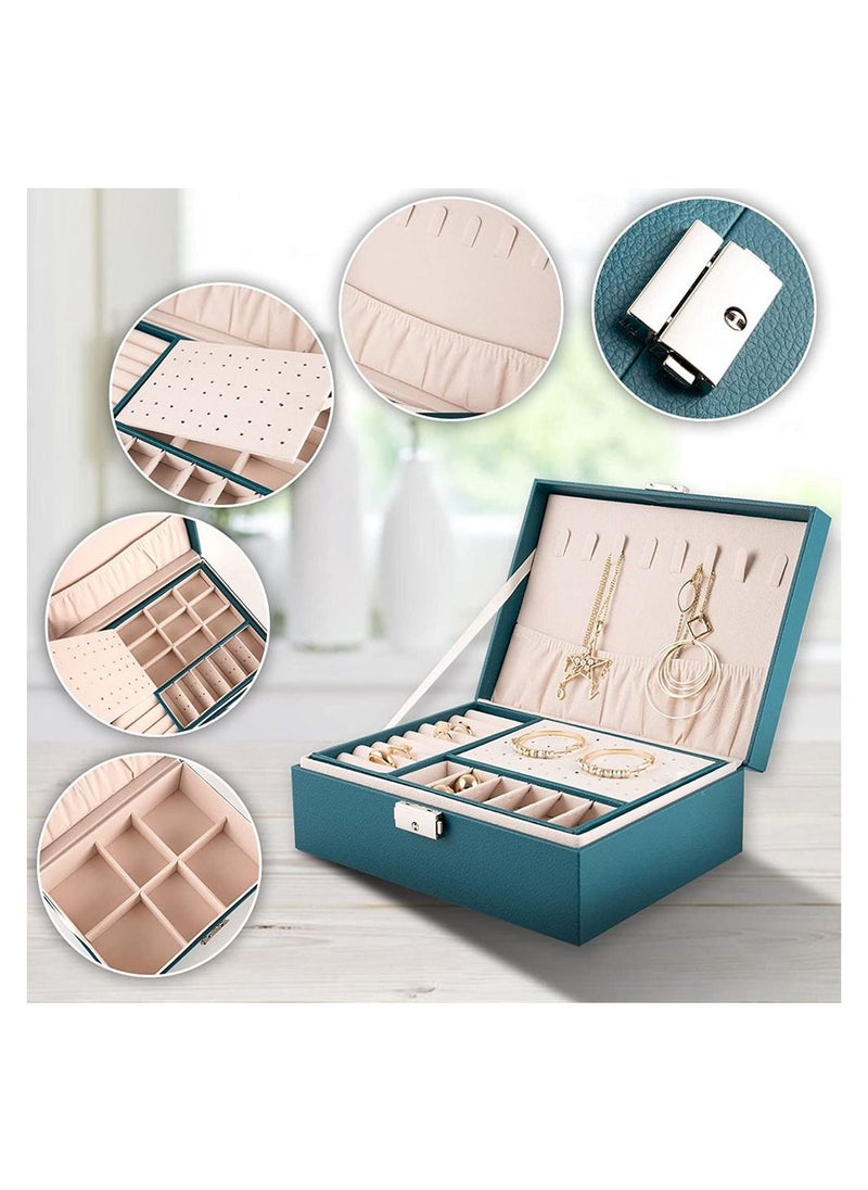 MissTiara - 2 Tier Jewelry Organizer PU Leather Jewelry Set Box with Lockable Velvet Lined Jewelry Storage Box for Jewelry Earrings and Necklace Green - Image 1