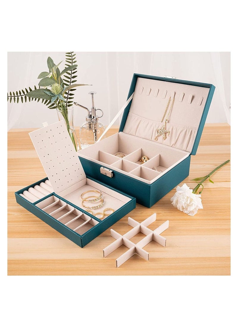 MissTiara - 2 Tier Jewelry Organizer PU Leather Jewelry Set Box with Lockable Velvet Lined Jewelry Storage Box for Jewelry Earrings and Necklace Green - Image 1