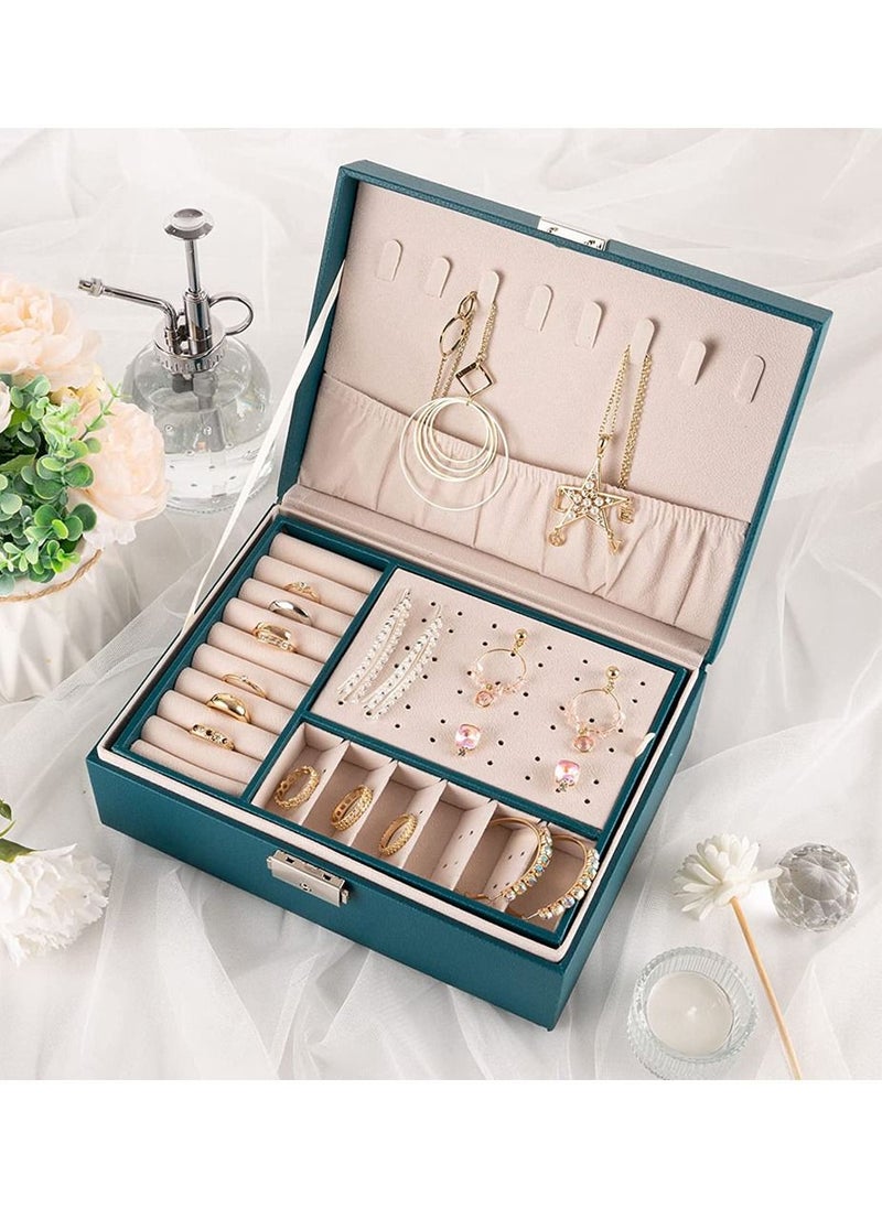 MissTiara - 2 Tier Jewelry Organizer PU Leather Jewelry Set Box with Lockable Velvet Lined Jewelry Storage Box for Jewelry Earrings and Necklace Green - Image 1