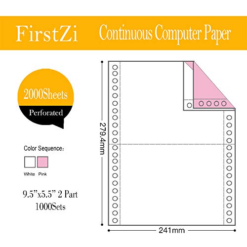 FirstZi 9-1/2x5-1/2 Inches Plain Continuous NCR Computer Paper 2 Part, 1/2" Margin Perforated 2000 Sheets, 2 Color 1000 Sets Pin Feed Printing Paper for Dot Matrix Printers,White/Pink - Image 2