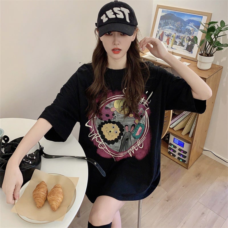 European Large Edition Short-Sleeved T-Shirt Women'S 2025 Cotton Mid-Length Loose Slimming Hip Covering Underwear Missing - Image 3
