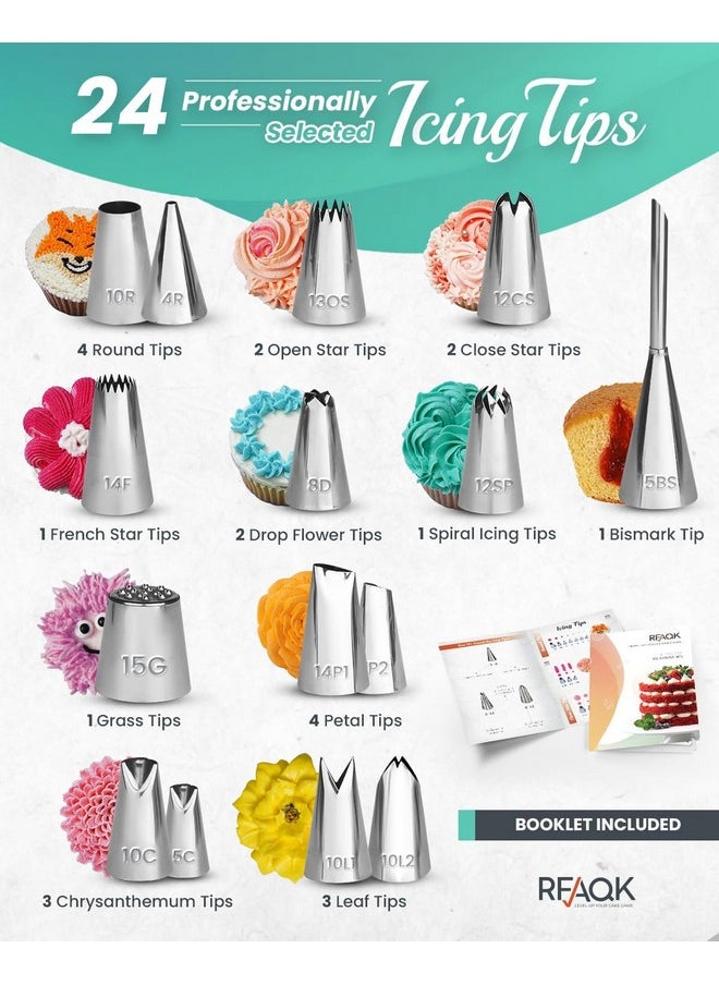 RFAQK RFAQK 64 PCs Cake Decorating Kit for Beginners Includes Video Course, Booklet + Baking Supplies Gift - Cake Stand, Leveler, 24 Numbered Piping Tips, Straight & Offset Spatula, & Scraper sets  - Image 3