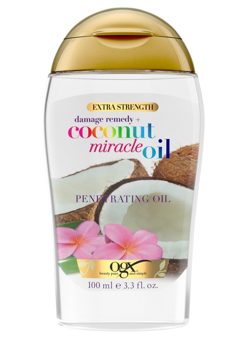 Ogx علاج زيت الشعر المتغلغل من OGX بقوة إضافية لإصلاح الأضرار + زيت جوز الهند المعجزي، زيت مرطب مضاد للتجاعيد للشعر الخشن والجاف، خالي من البارابين، خالي من السطحيّات الكبريتية، 3.3 أونصة سائلة - Image 1