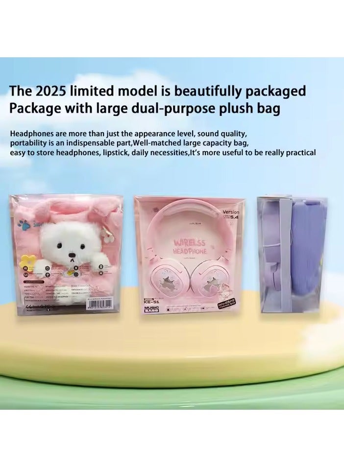 Wireless Bluetooth Headphones High-Fidelity Sound Wireless Bluetooth with Cute Bags High-Quality Memory Card Pink  - Image 2