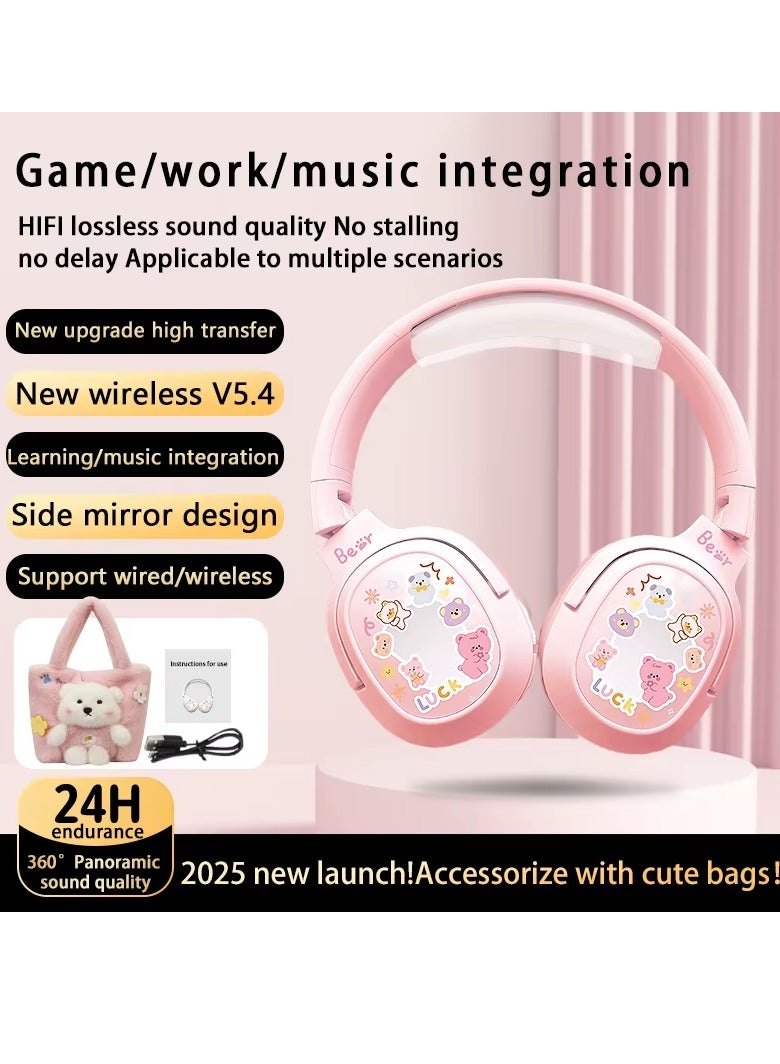 Wireless Bluetooth Headphones High-Fidelity Sound Wireless Bluetooth with Cute Bags High-Quality Memory Card Pink  - Image 4