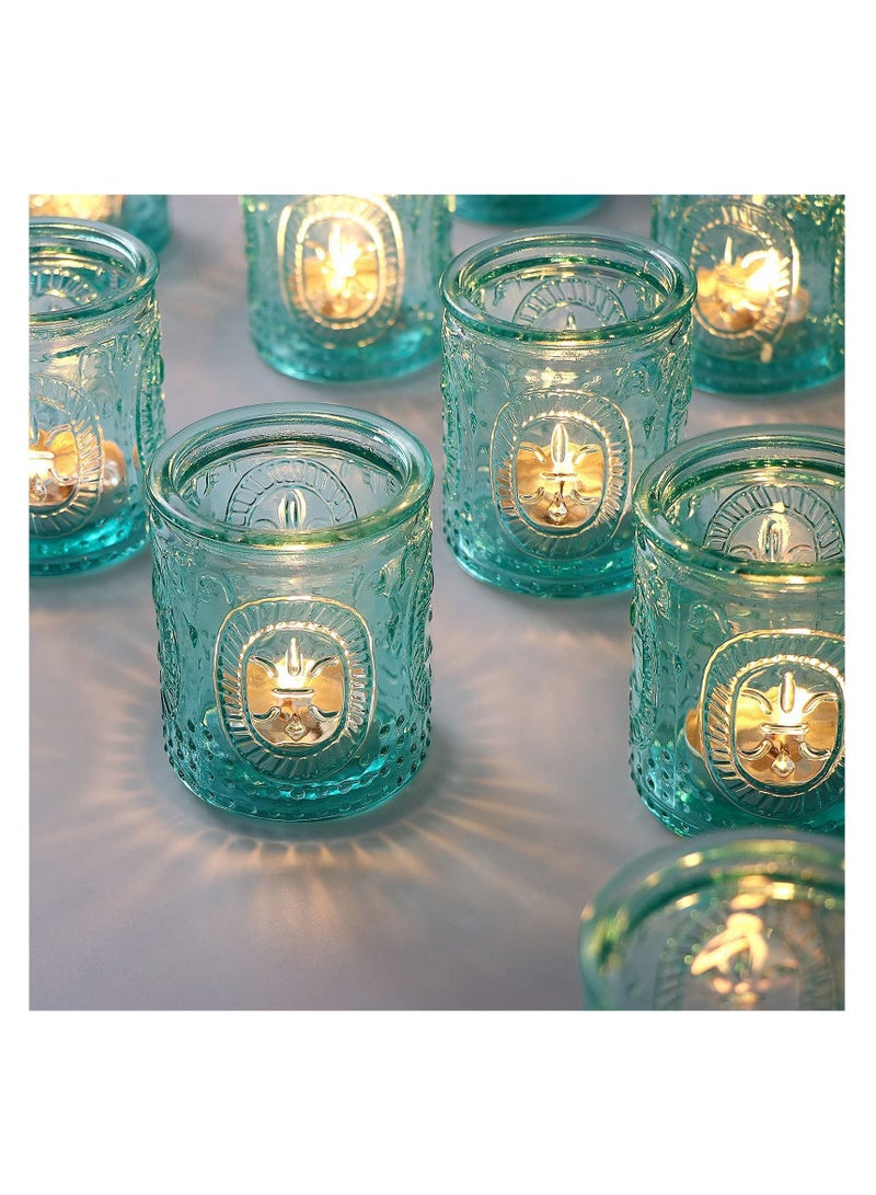 Y&D Vintage Blue Glass Tealight & Votive Candle Holders (Set of 12), Farmhouse Decor, Room Decoration, Shelf Decor - Image 1