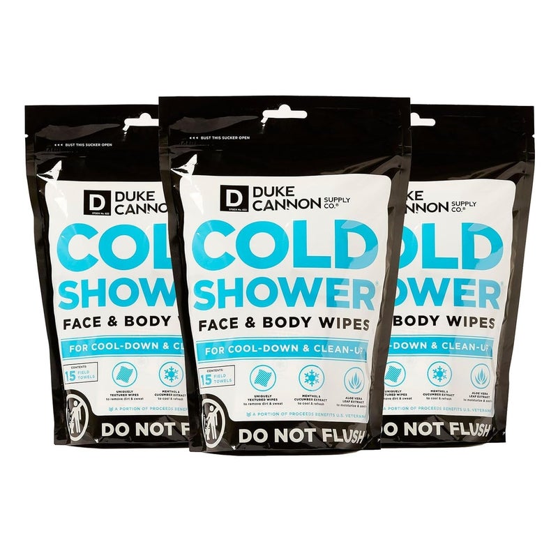 Duke Cannon Supply Co. Duke Cannon Cold Shower Cooling Field Towels â€“ Menthol Body Wipes for Men, No Rinse Face & Body Cleansing Wipes, 15 Individually Wrapped Towels (3 Pack) - Image 1