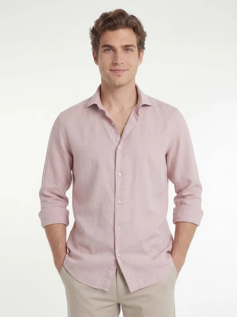 Kip Pink Plain Regular Fit Long Weaving Casual Cotton Blended Shirt