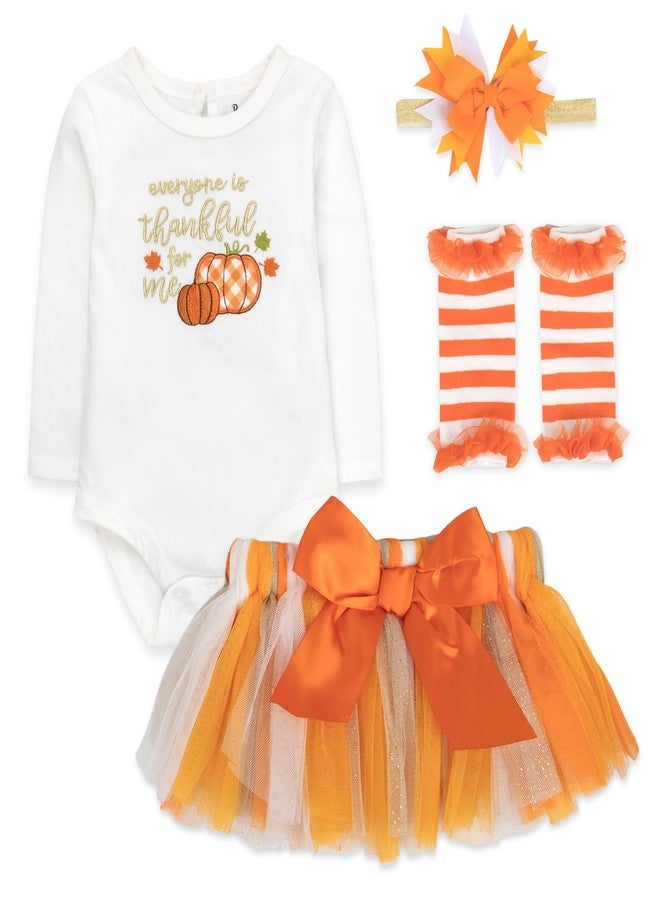 Baby Essentials Baby Girl Thanksgiving Outfit 4-Piece Set - Bodysuit, Striped Pants, Tutu Skirt & Bow Headband - Infant Friendsgiving (9 months) - Image 1