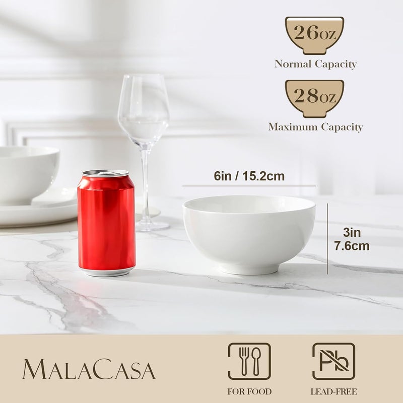 MALACASA 26 oz Porcelain Soup Bowls, 6" Cereal Bowls - White Bowls Set of 4 for Soup, Cereal, Oatmeal, Fruit, Rice - Dishwasher & Microwave Safe, Series Regular - Image 2
