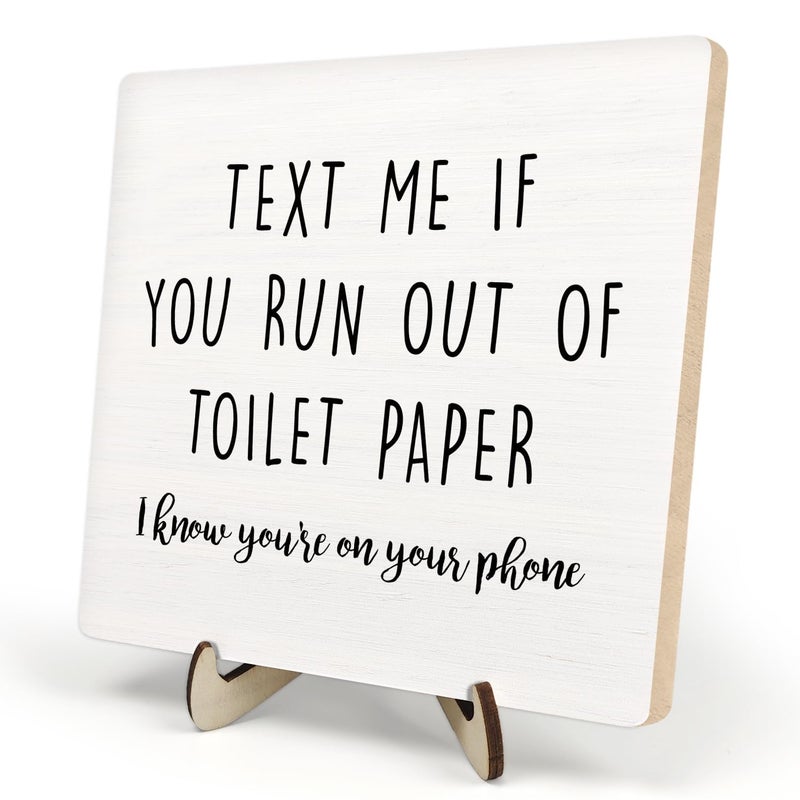 DMADNF Funny Bathroom Sign Decor, Vintage Bathroom Wood Plaque Sign,Bathroom Quote Wooden Plaque Sign With Saying Text Me If You Run Out of Toilet Paper, Farmhouse Decor for Shelf Bathroom Toilet Home Decor - Image 1