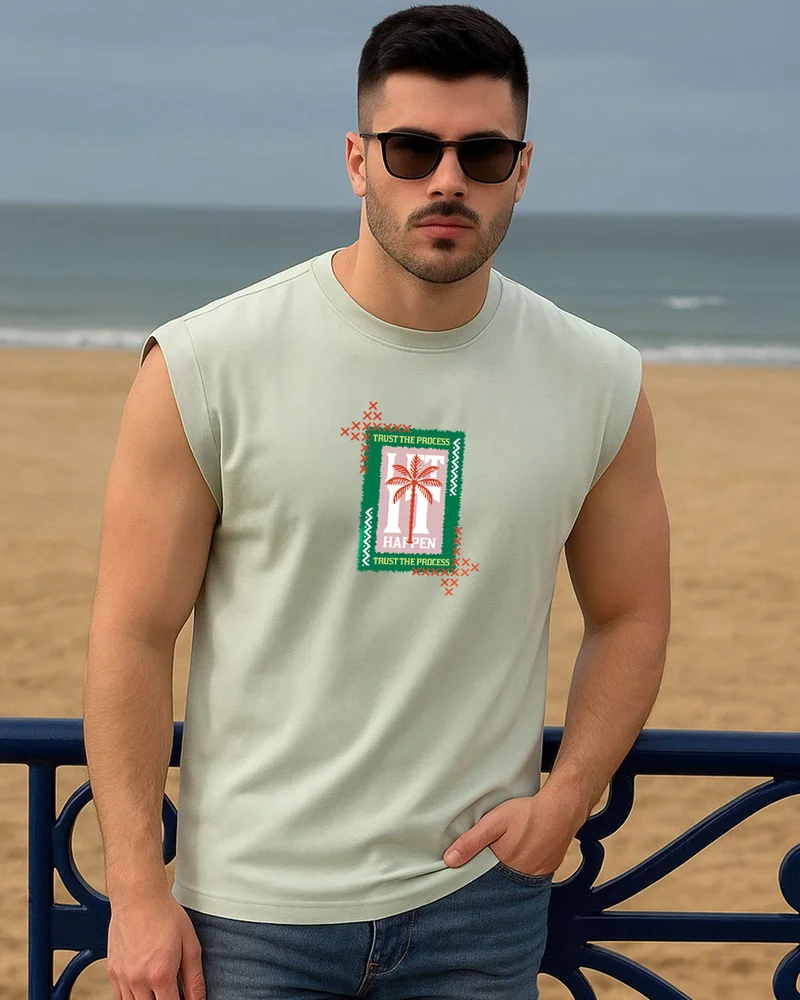 بيواكوف Men's Fog Green Let It Happen Graphic Printed Boxy Fit Vest