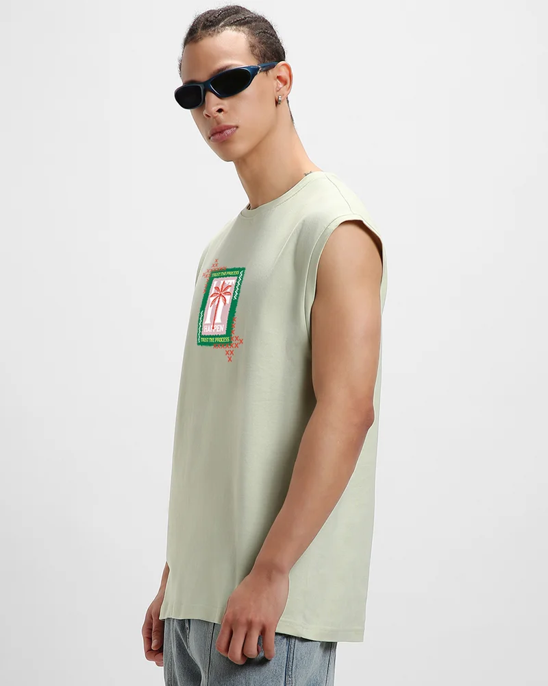 بيواكوف Men's Fog Green Let It Happen Graphic Printed Boxy Fit Vest